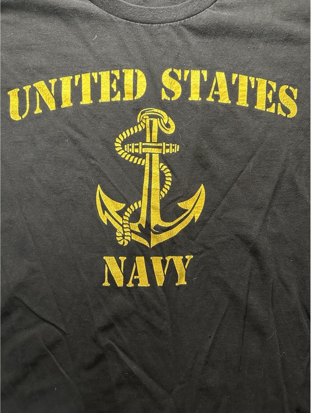 Vintage United States Navy T Shirt Black Yellow Anchor USA Made 2XL Distressed